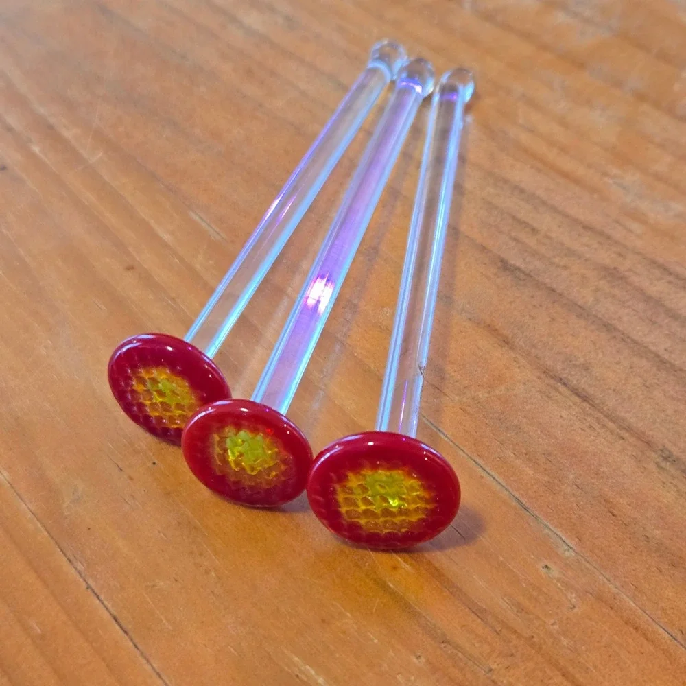 Vintage Art Glass Swizzle Sticks Cocktail Stirrers Red Yellow Clear Lot of 3